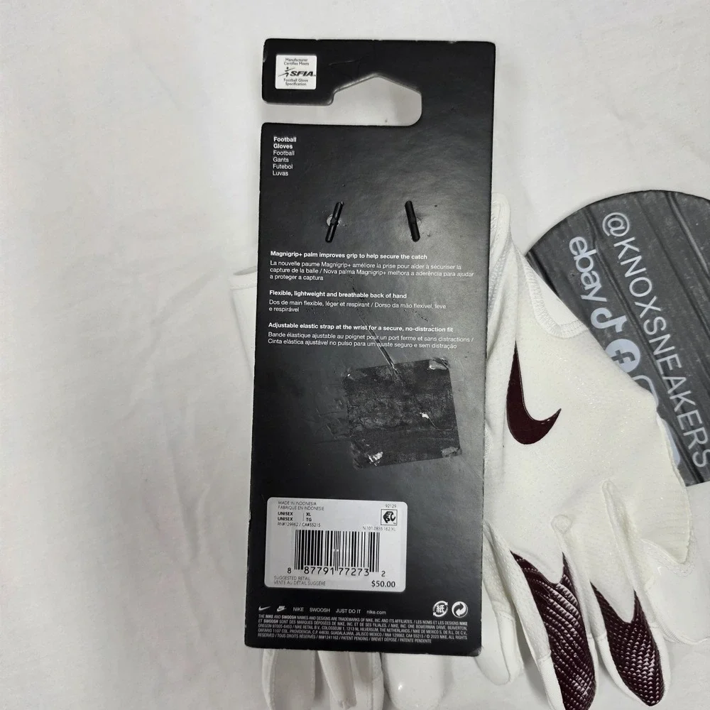 Nike Vapor Jet Football Gloves White Maroon/Burgundy Men's Size XLarge